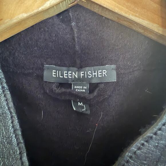 EILEEN FISHER Black Merino Wool and Leather Minimalist Asymmetrical Coat Medium - Picture 3 of 9